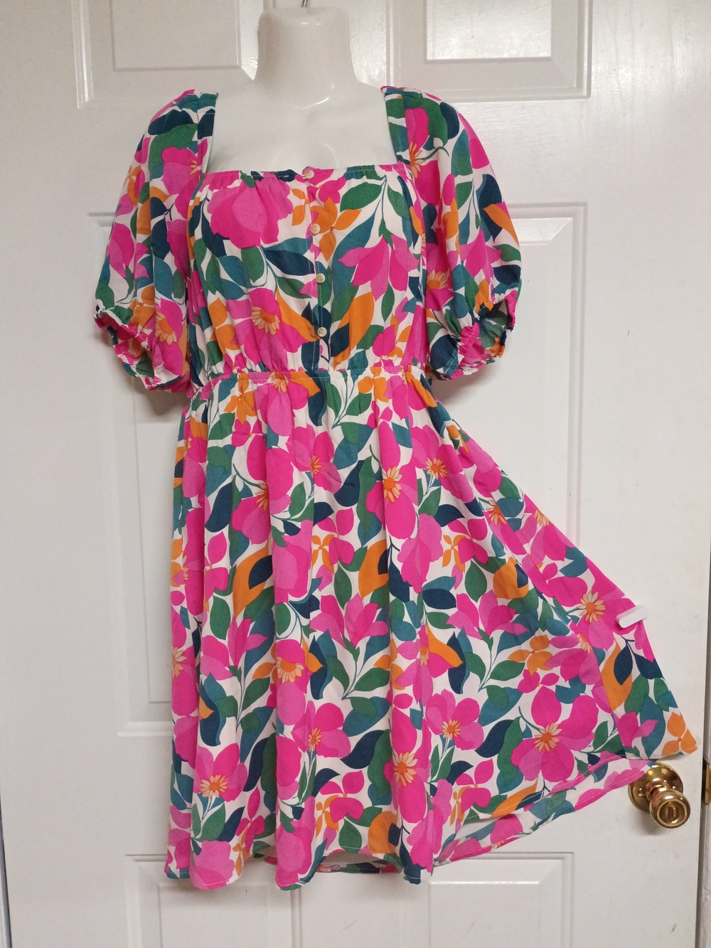 🤠🦄🩷JODIFL Pink Floral Puff-Sleeve Mini Dress with Green & Orange Accents Larg